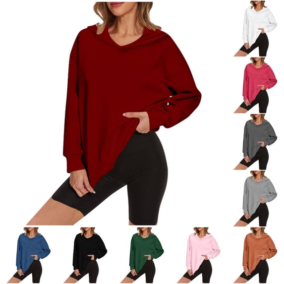 NinXxx Women's Casual Loose Solid Long Sleeve Hoodie Pullover Sweatshirt Red S