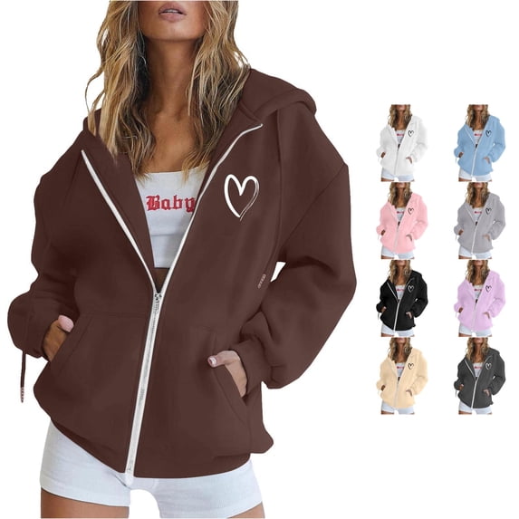 NinXxx Women's Casual Printed Zip Up Hooded Sweatshirt with Pockets Coffee XL