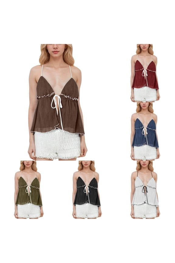 Women's Contrast Tie Front Neck Flowy Crinkled Ruffle Going Out Tank Split Coffee M