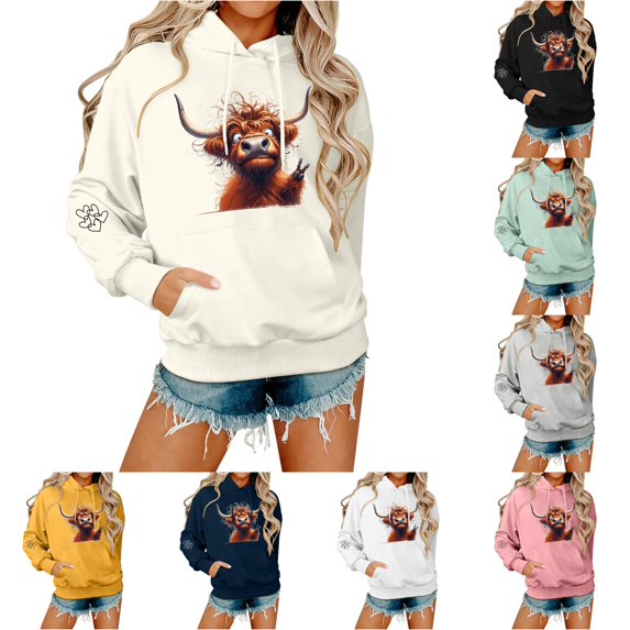 NinXxx Women's Cow Print Hooded Sweatshirt for Autumn Winter Casual Beige S