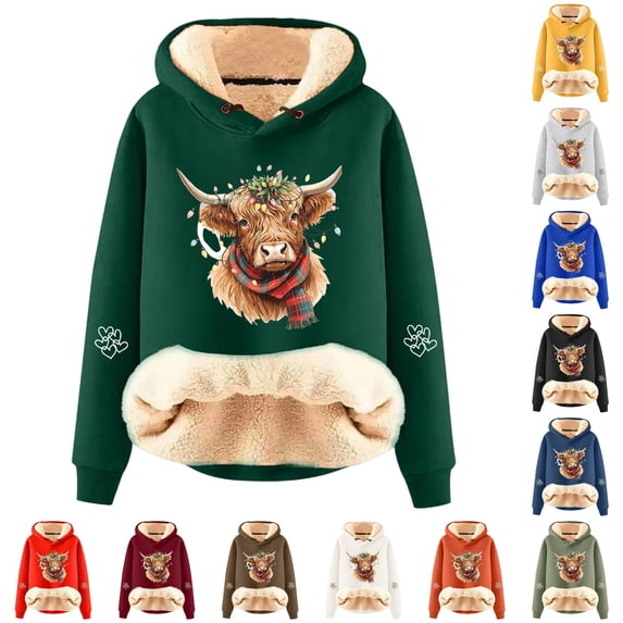 NinXxx Women's Cow Print Lined Soft Warm Pullover Hoodie Fashion Comfort Dark Green XL