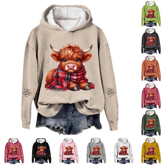 NinXxx Women's Cow Print Pullover Festive Western Graphic Sweatshirt Khaki M