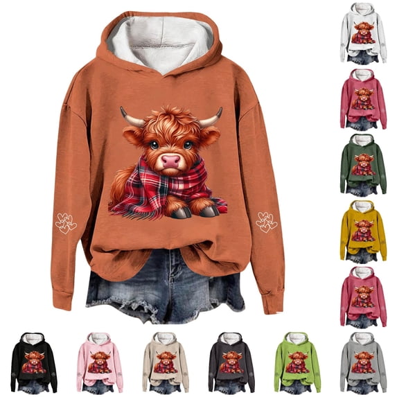 NinXxx Women's Cow Print Pullover Festive Western Graphic Sweatshirt Orange L