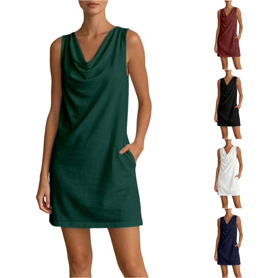 NinXxx Women‘s Cowl Neck Mini Dress Sleeveless Casual Shift Dress Summer Beach with Pockets Green S