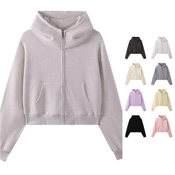 NinXxx Women's Cropped Zip Up Hoodie High Neck Streetwear Outerwear Light Gray L