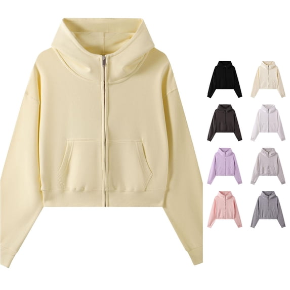NinXxx Women's Cropped Zip Up Hoodie High Neck Streetwear Outerwear Light Yellow L