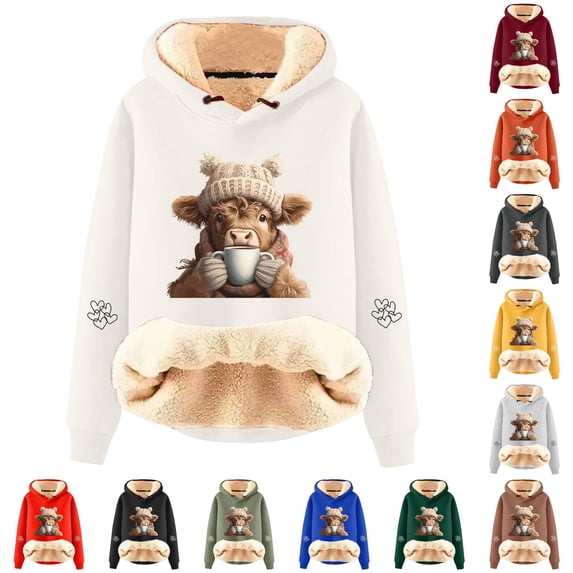 NinXxx Women's Cute Cow Print Lined Hoodie Long Sleeve Winter Pullover Beige L