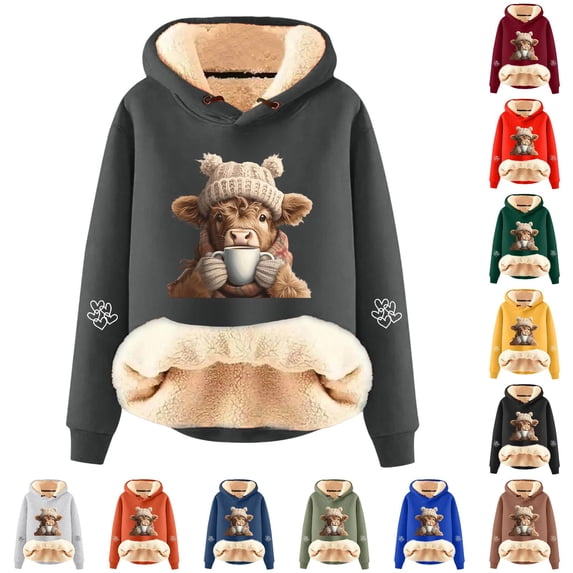 NinXxx Women's Cute Cow Print Lined Hoodie Long Sleeve Winter Pullover Dark Gray XL
