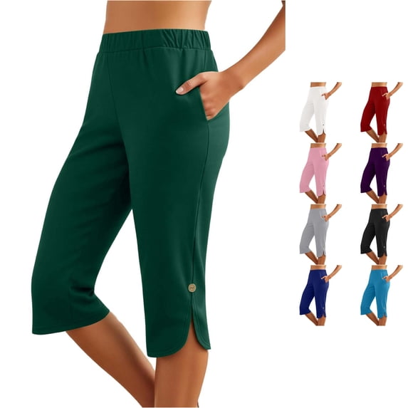 NinXxx Women's Elastic Waist Pure Color Blend Cropped Trousers Everyday Dark Green S