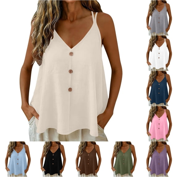 NinXxx Women's Elegant Adjustable Strap Tank Top with Decorative Button Detail Beige S