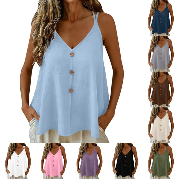 NinXxx Women's Elegant Adjustable Strap Tank Top with Decorative Button Detail Blue S