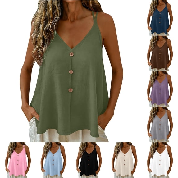 NinXxx Women's Elegant Adjustable Strap Tank Top with Decorative Button Detail Green L