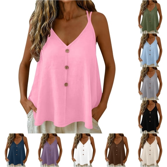 NinXxx Women's Elegant Adjustable Strap Tank Top with Decorative Button Detail Pink L