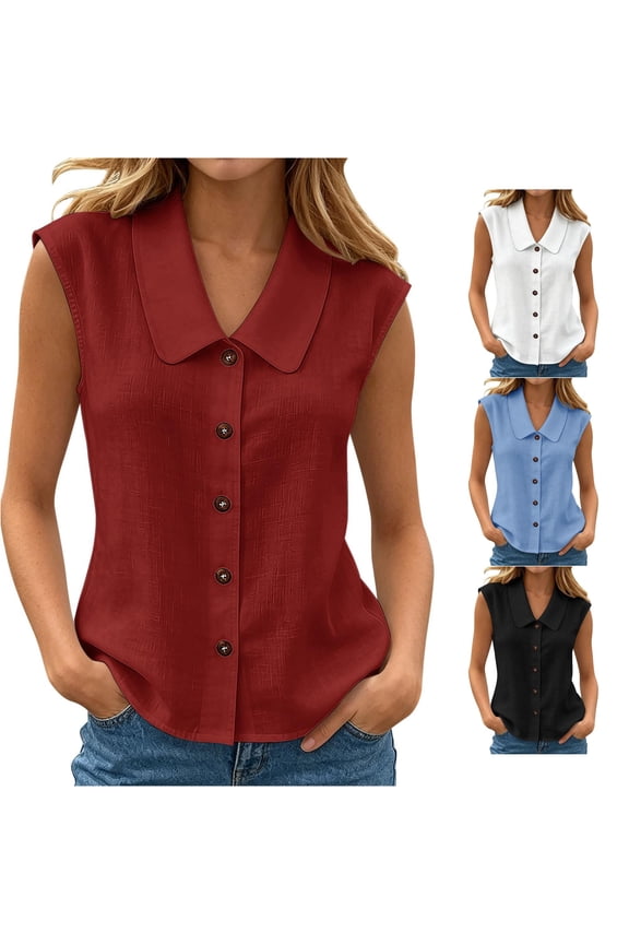 Women's Elegant Sleeveless Button Front Neck Blouse Contemporary Red XXL