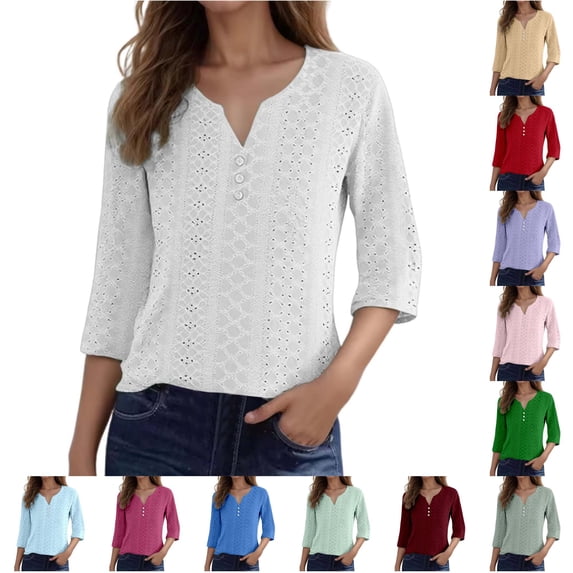 NinXxx Women's Fashion Casual Jacquard Three Quarter Sleeve Blouse White L