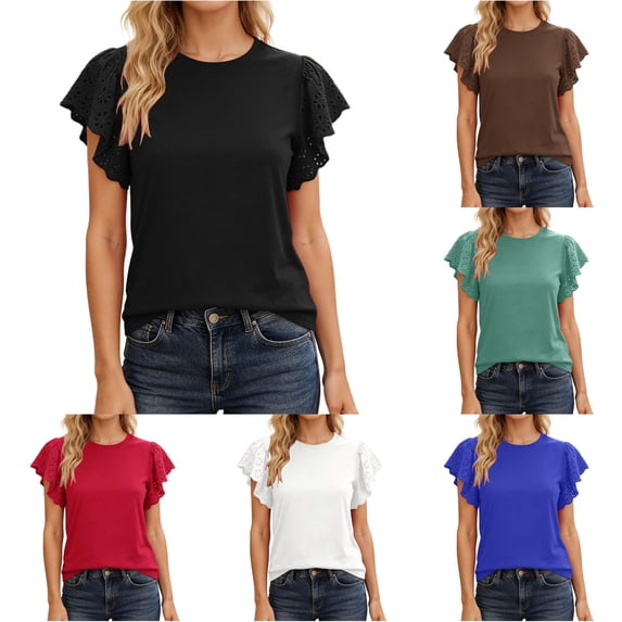 NinXxx Women's Fashion Short Sleeve Hollow Out Ruffle Detail Tee Black L