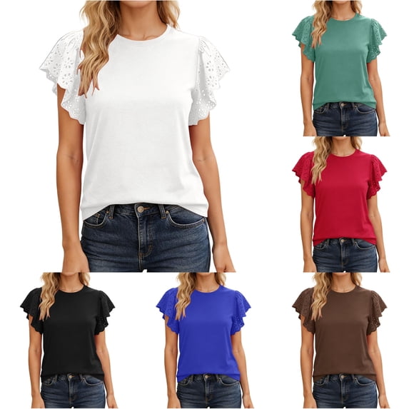 NinXxx Women's Fashion Short Sleeve Hollow Out Ruffle Detail Tee White M