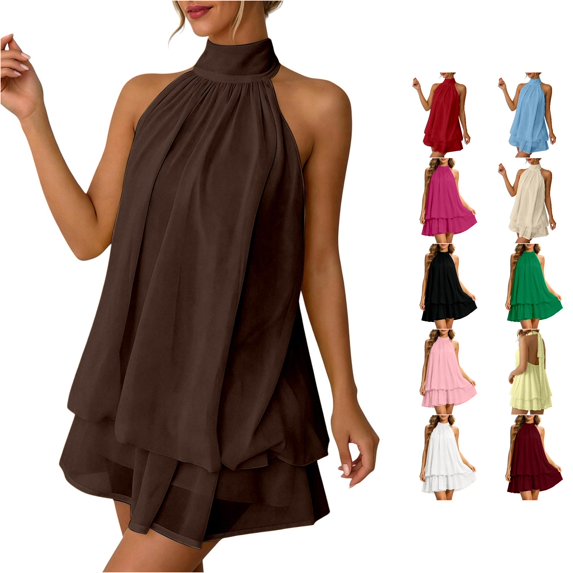 NinXxx Women‘s Halter Backless Chiffon Mini Dress Layered Ruffle Hem Brown XL