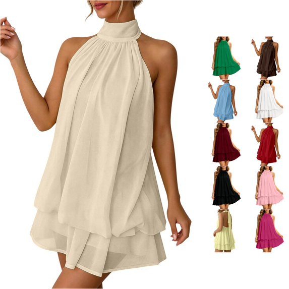 NinXxx Women‘s Halter Backless Chiffon Mini Dress Layered Ruffle Hem Khaki XL