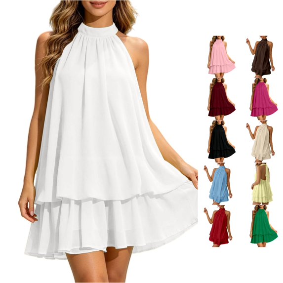 NinXxx Women‘s Halter Backless Chiffon Mini Dress Layered Ruffle Hem White S