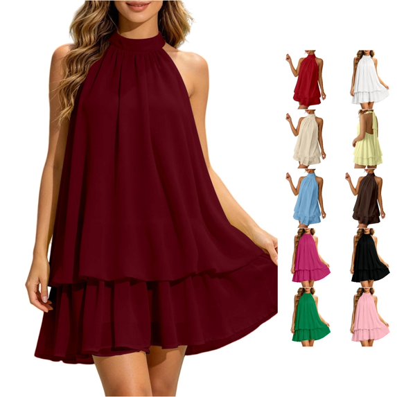 NinXxx Women‘s Halter Backless Chiffon Mini Dress Layered Ruffle Hem Wine L