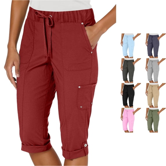 NinXxx Women's High Waisted Slim Wide Leg Cropped Slacks Thin Medium Red L