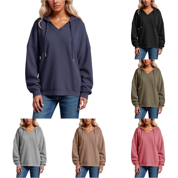 NinXxx Women's Knit Hoodie V Neck Pullover Warm Lined Sweatshirt Dark Blue XL