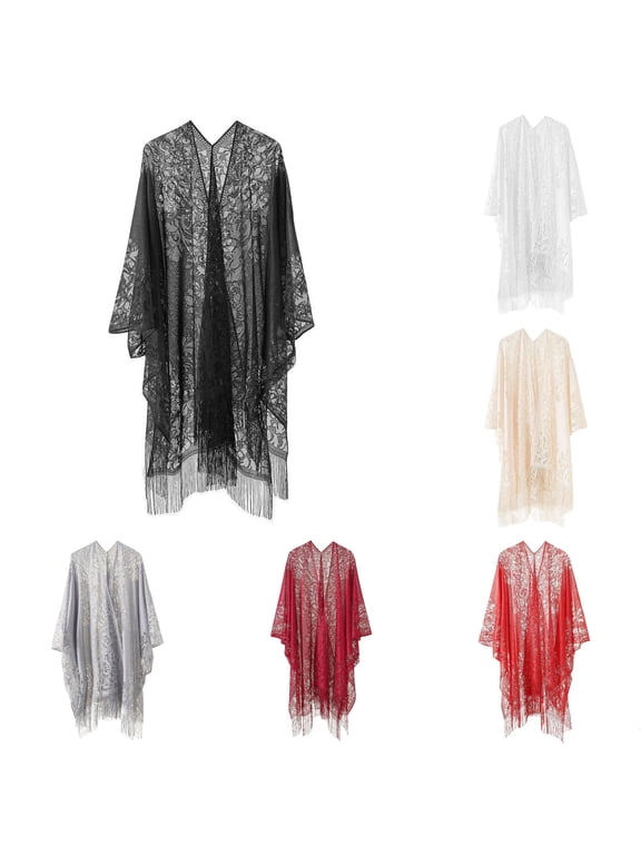 Women‘s Lace Embroidered Kimono Shawl Open Front Fringe Trim Cover Up Black
