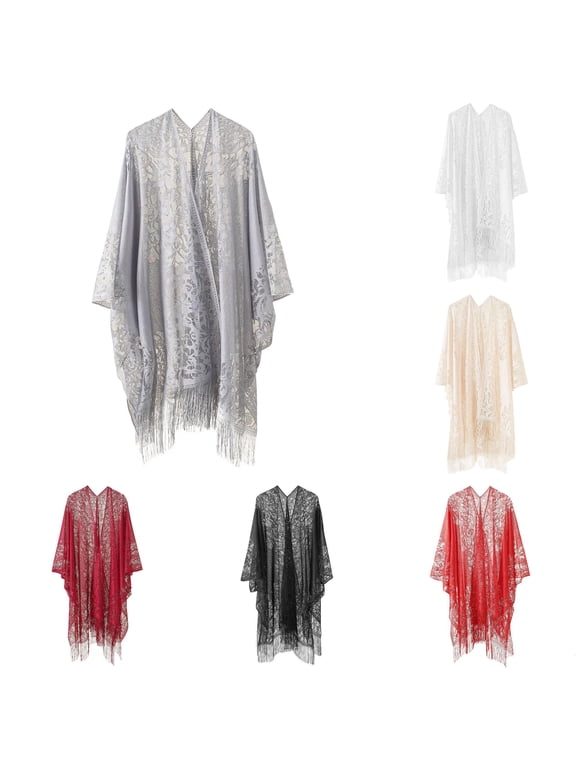 Women‘s Lace Embroidered Kimono Shawl Open Front Fringe Trim Cover Up Grey