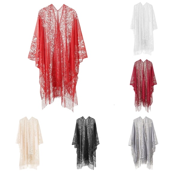 NinXxx Women‘s Lace Embroidered Kimono Shawl Open Front Fringe Trim Cover Up Red
