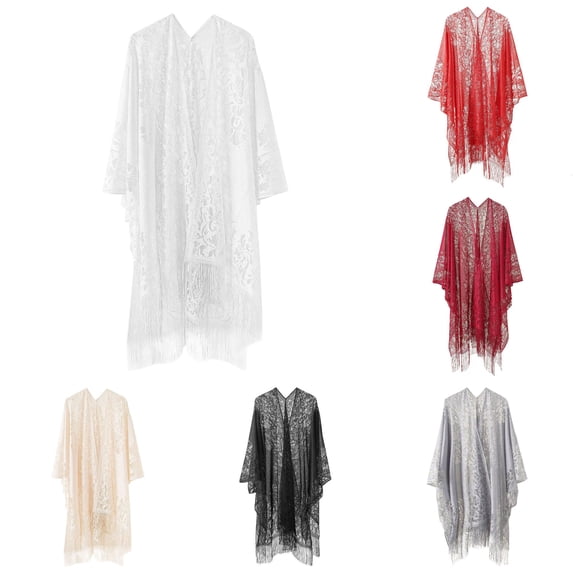 NinXxx Women‘s Lace Embroidered Kimono Shawl Open Front Fringe Trim Cover Up White