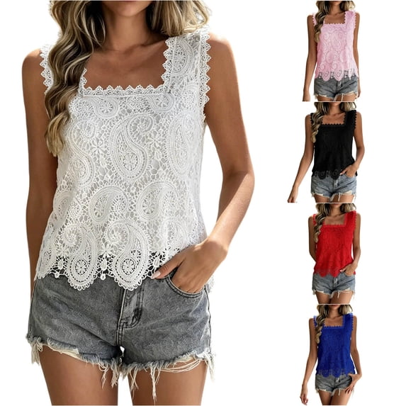 NinXxx Women‘s Lace Square Neck Tank Top Sleeveless Hollow Out Blouse White XL