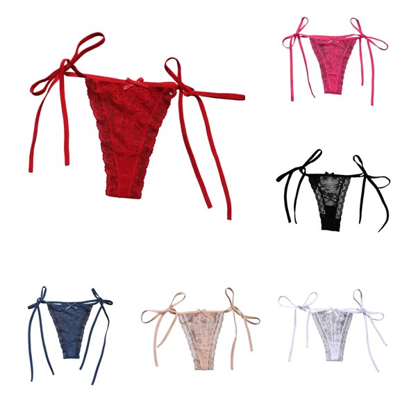 NinXxx Women's Lace Thong Low Rise T Back G String Tie Side Straps Hollow Pure Desire Breathable Soft Stretchable Red M