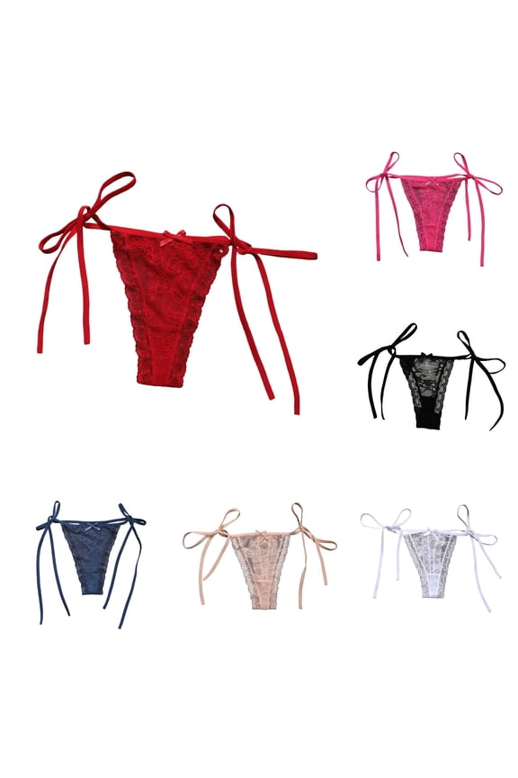 Women's Lace Thong Low Rise T Back G String Tie Side Straps Hollow Pure Desire Breathable Soft Stretchable Red S
