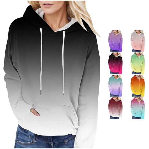 NinXxx Women's Lace Up Gradient Print Long Sleeve Loose Hoodie with Pockets Black XL