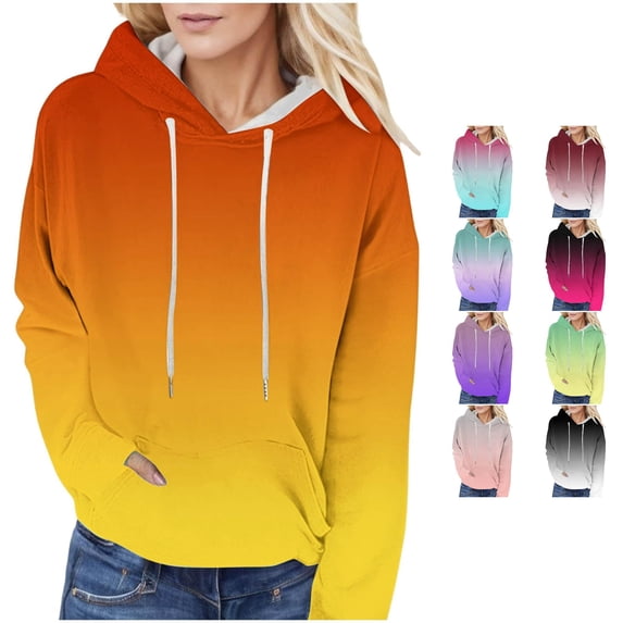 NinXxx Women's Lace Up Gradient Print Long Sleeve Loose Hoodie with Pockets Orange S