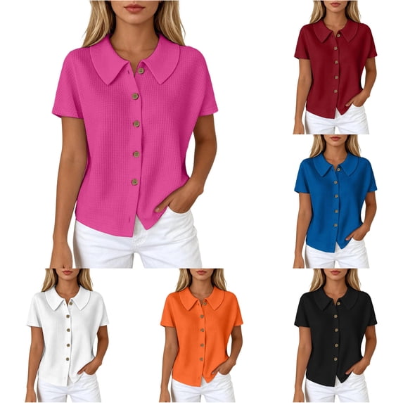 NinXxx Women‘s Lapel Collar Short Sleeve Blouse Button Front Loose Fit Top Hot Pink M