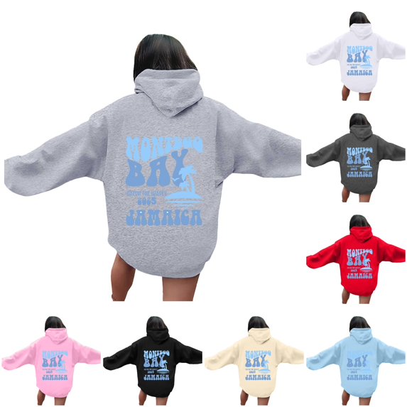 NinXxx Women's Letter Graphic Drawstring Hoodie Long Sleeve Pullover Light Gray XXXL