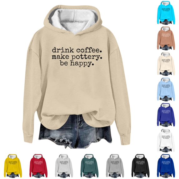 NinXxx Women's Letter Print Hoodie Casual Loose Pullover Sweatshirt Khaki S