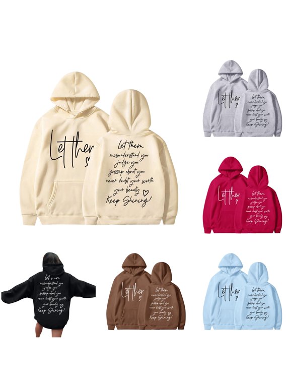 Women's Letter Print Long Sleeve Hoodie with Pockets Beige S
