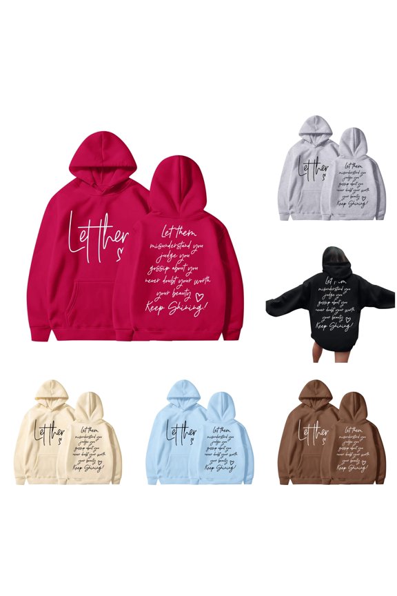 Women's Letter Print Long Sleeve Hoodie with Pockets Red S