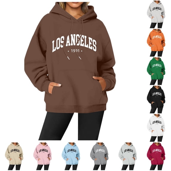 NinXxx Women's Letter Printed Round Neck Pullover Long Sleeve Hoodie Brown L