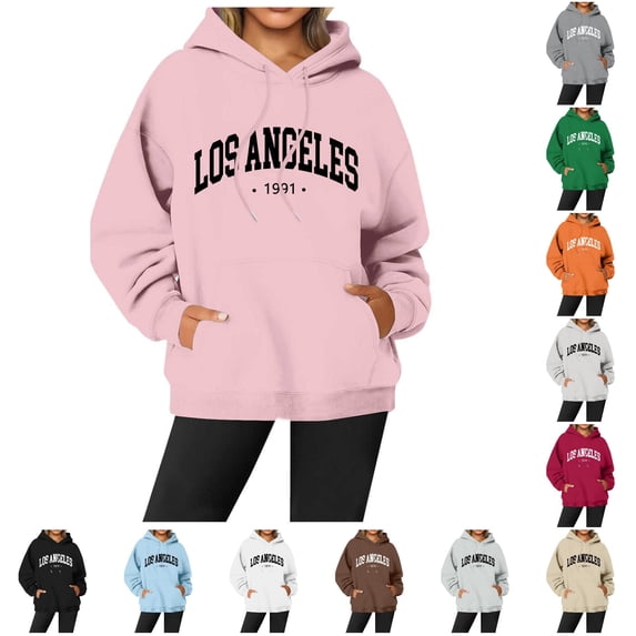 NinXxx Women's Letter Printed Round Neck Pullover Long Sleeve Hoodie Pink M