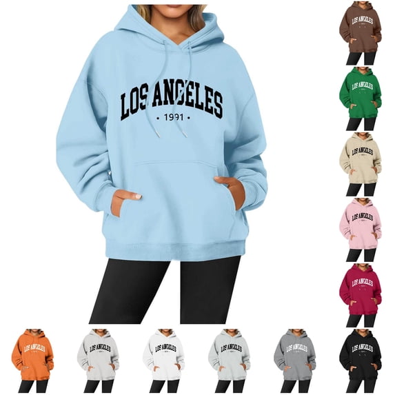 NinXxx Women's Letter Printed Round Neck Pullover Long Sleeve Hoodie Sky Blue S