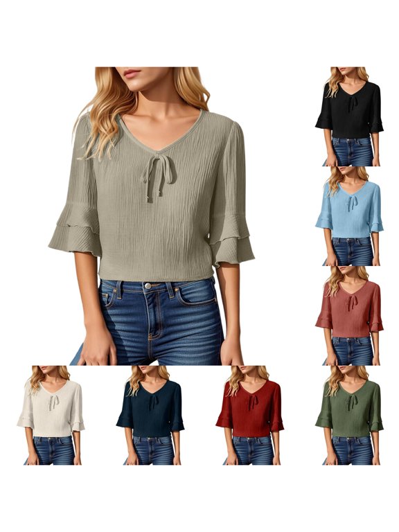 Women's Lightweight Knit Double Layer Ruffle Sleeve Summer Top Grey S