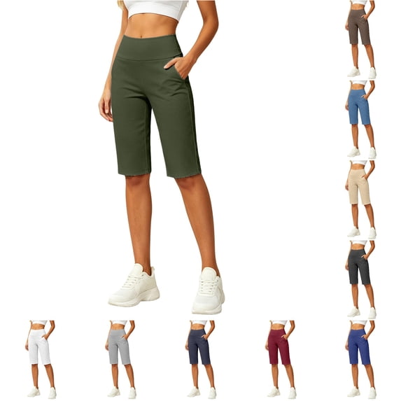 NinXxx Women's Long Shorts 14 Inch Knee Length Capris with Pockets High Waisted Athletic Army Green XXXL