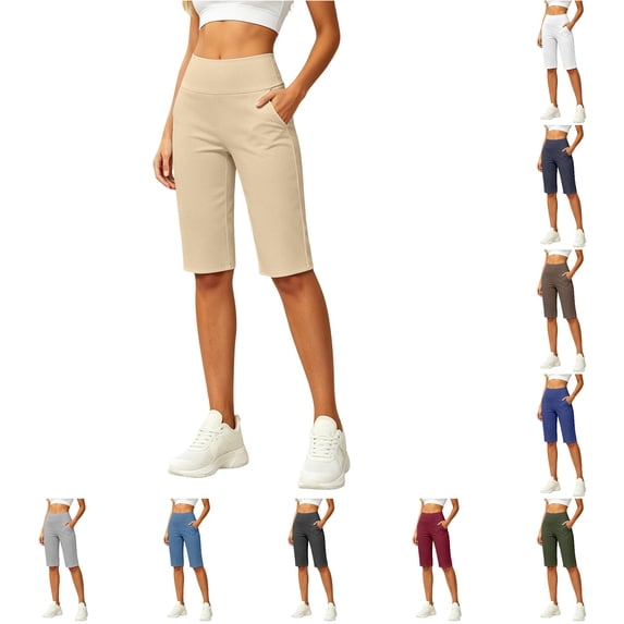 NinXxx Women's Long Shorts 14 Inch Knee Length Capris with Pockets High Waisted Athletic Beige S