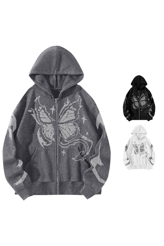 Women's Monogram Butterfly Print Drawstring Hooded Sweatshirt Grey L
