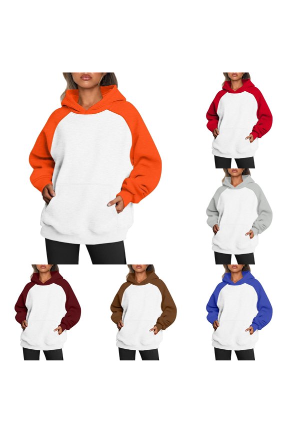 Women's Oversized Raglan Sleeve Colorblock Pullover Hoodie Orange M