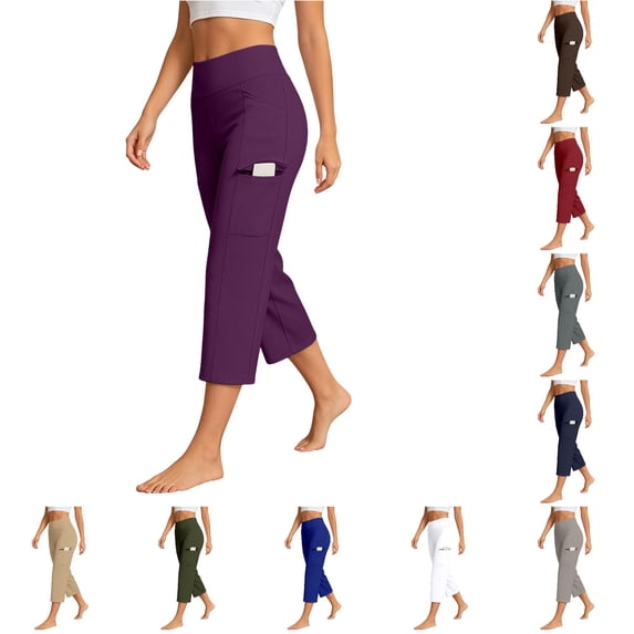 NinXxx Women's Plus Size Pleated Waist Wide Leg Cropped Yoga Pants Dark Purple XXL